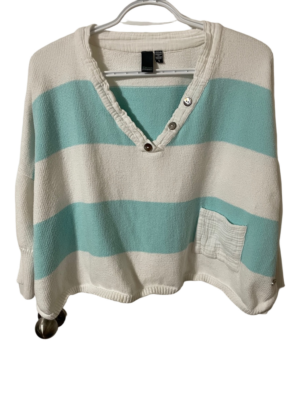 Shannon Passero Cream & Aqua Striped V-Neck Cropped Cotton Sweater Size Small